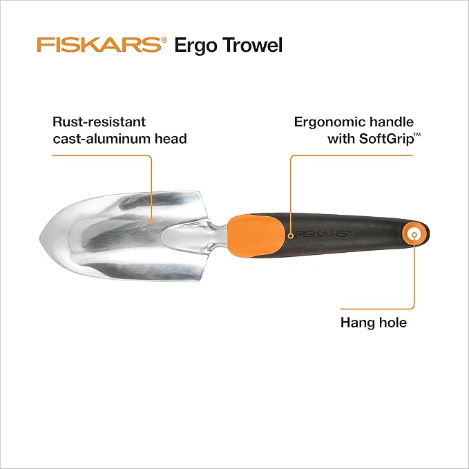 Fiskars Ergo Garden Trowel for Digging and Planting, Heavy Duty Gardening Hand Tool with Hanging