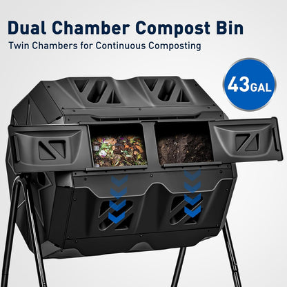 Yesker Dual Chamber Compost Bin Outdoor, 43 Gallon Rotating Tumbling Composter with Sliding Doors