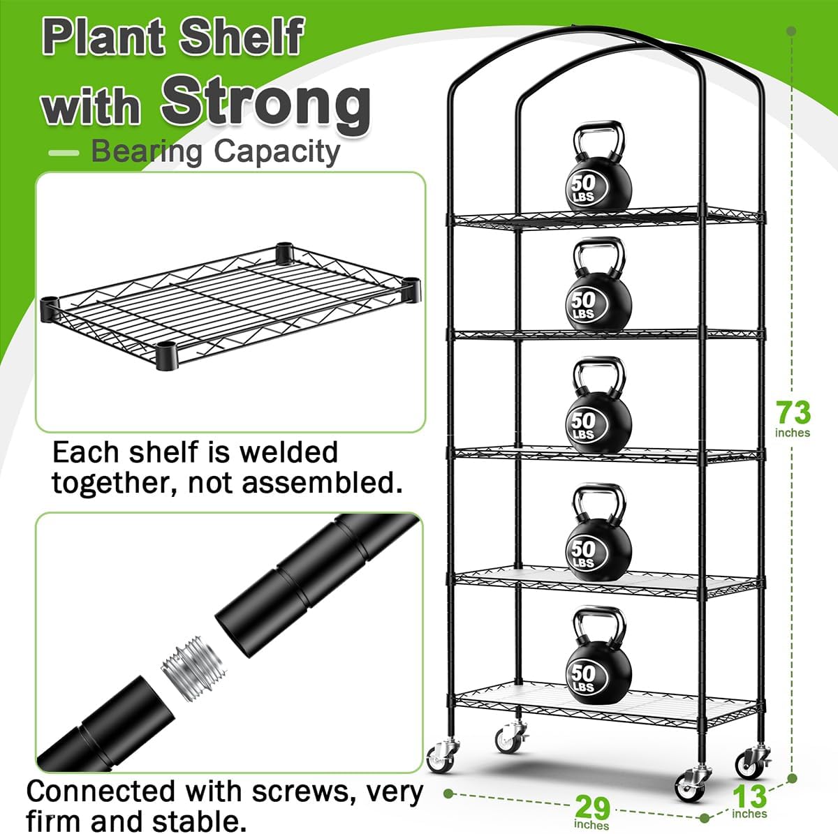 Abimars 5-Tier Greenhouse with Caster Wheel, Each Shelf Height Adjustable Metal Plant Shelf with