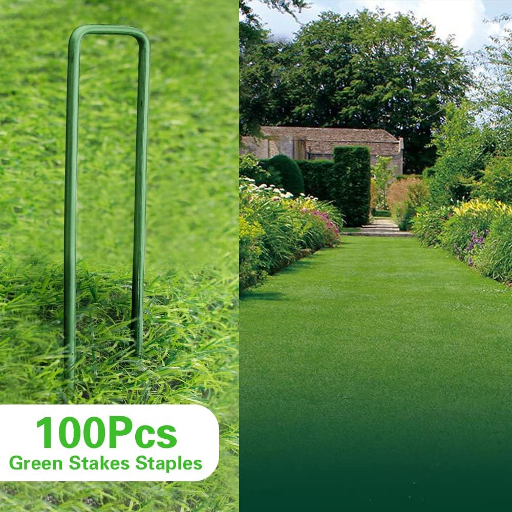 Bakulyor 100Pcs Green Landscape Staples 6 Inch Garden Artificial Turf Stakes Staples, 11 Gauge Lawn