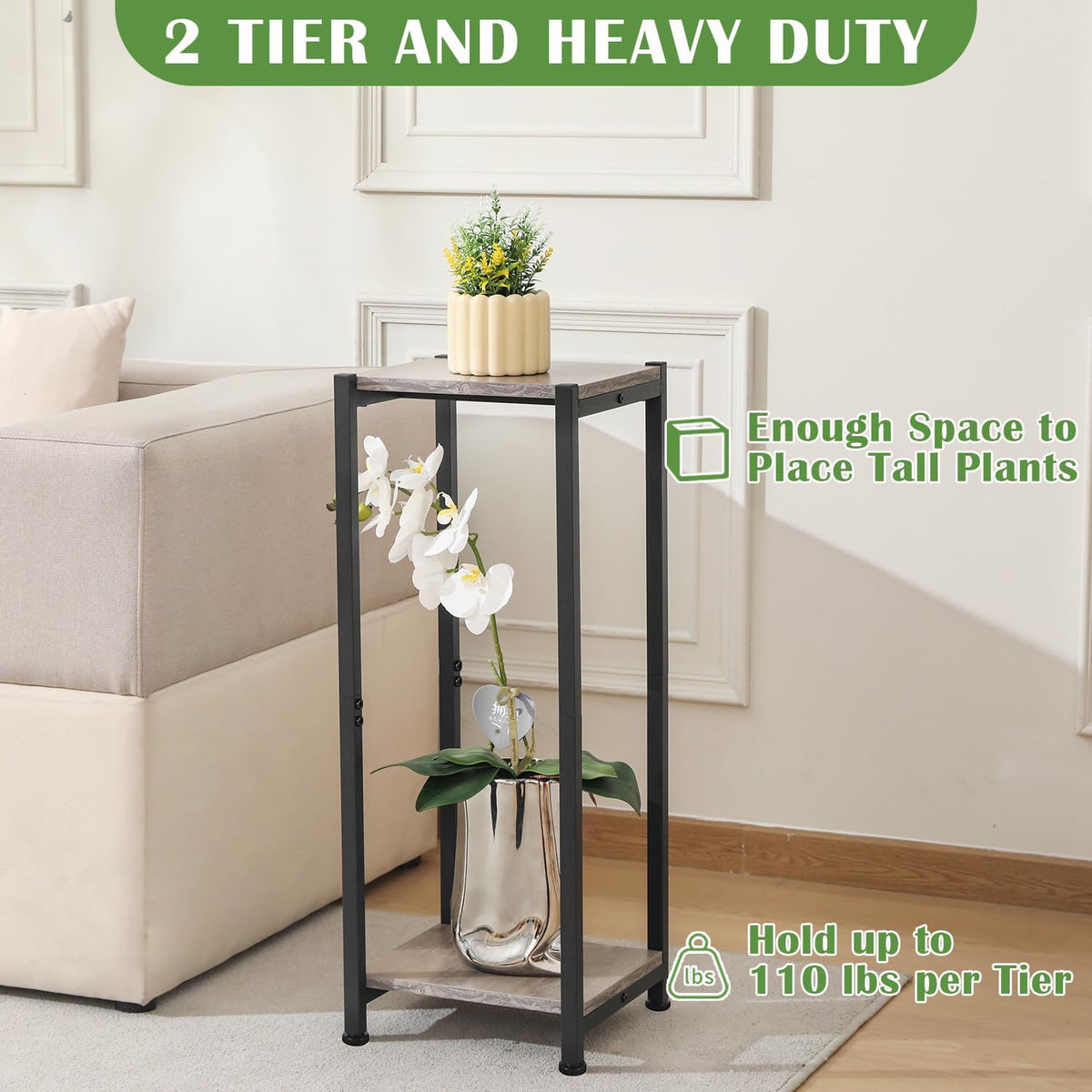 Tall Plant Stand Indoor,31 Inch Plant Stands,2 Tier Metal Plant Stand with Heavy Duty Wood,Greige
