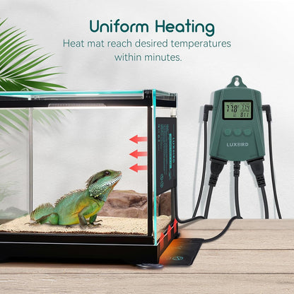 Luxbird Reptile Heating Pad 8x12 Inch with Dual Output Reptile Thermostat LB-2SC Combo Set Under