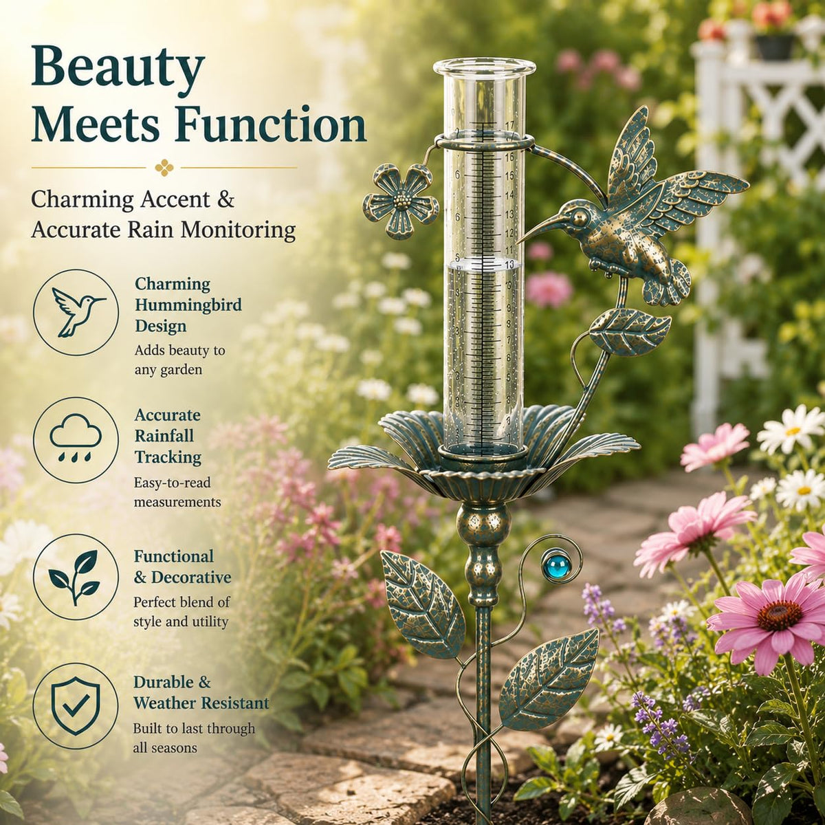 Rain Gauge Outdoor Decorative Hummingbird 7" Metal Rain Gauges Glass Tube | for Yard