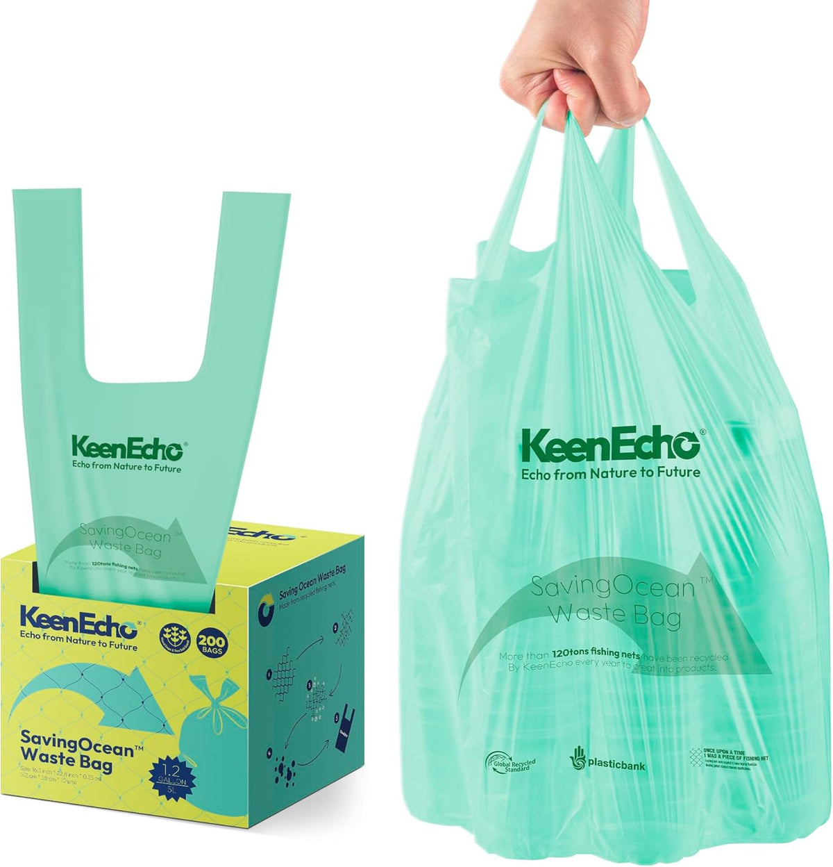 1.2 Gallon 200 Counts Small Green Trash Bags with Handle, Ocean Fishing Nets Upcycling, Sage & Sea