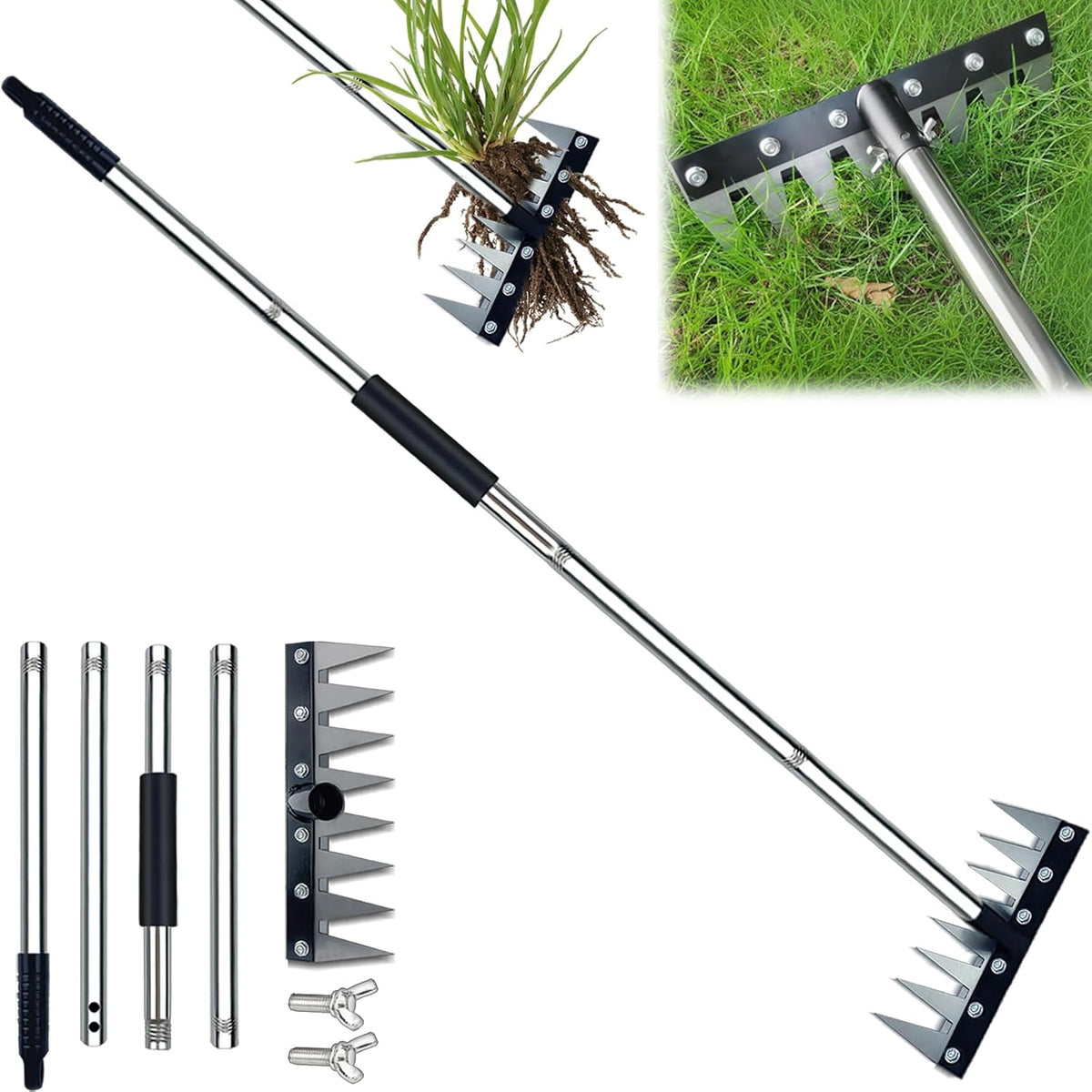 Garden Rake, 8 Tines Garden Weeding Rake with Sharp Blade with Steel Adjustable Handle (31'' to
