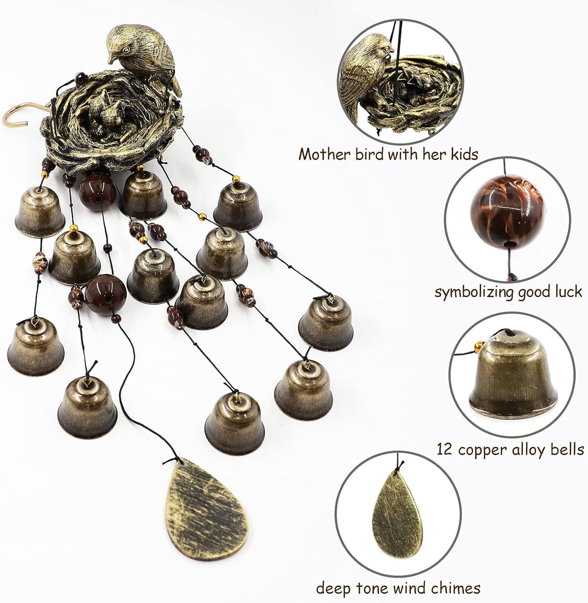 Bird Nest Wind Chimes,Wind Chimes for Outside with 12 Wind Bells for Glory Mothers Love Gift,Bird