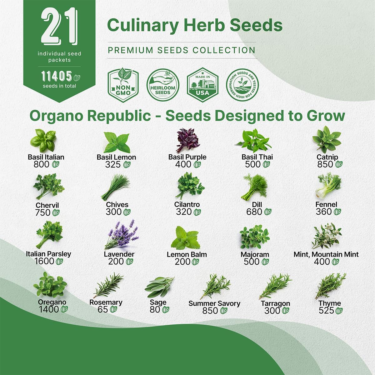 21 Culinary Herb Seeds Variety Pack - Heirloom, Non-GMO, Herb Seeds for Planting Outdoor and Indoor