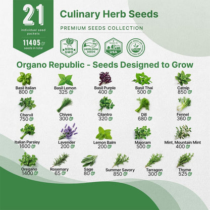 21 Culinary Herb Seeds Variety Pack - Heirloom, Non-GMO, Herb Seeds for Planting Outdoor and Indoor