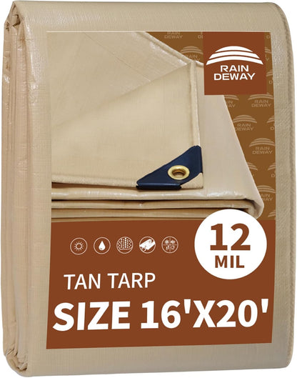 RAINDEWAY 16x20 Feet Heavy Duty Tarp,12 Mil Tan Waterproof Poly Tarp Cover,UV