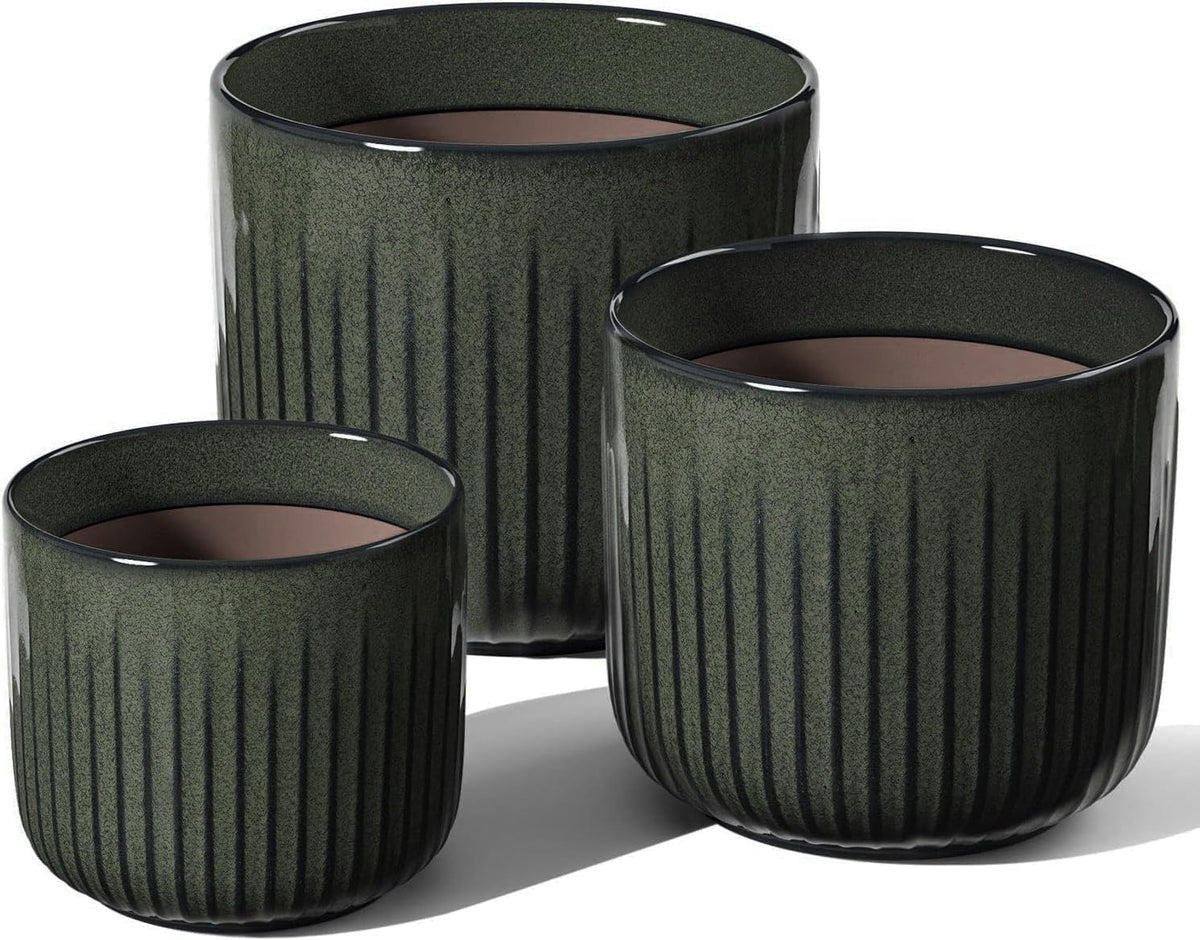 LE TAUCI Fluted Ceramic Planters Set of 3 – 8.3/7 / 5.7 in Dark Olive Reactive Cylinder Indoor