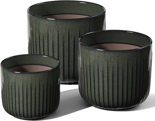LE TAUCI Fluted Ceramic Planters Set of 3 – 8.3/7 / 5.7 in Dark Olive Reactive Cylinder Indoor