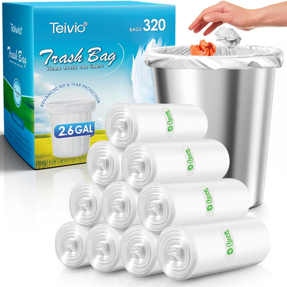 Teivio 2.6 Gallon 320 Counts Strong Trash Bags Garbage Bags, Bathroom Trash Can Bin Liners, Small