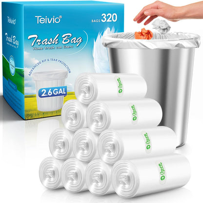 Teivio 2.6 Gallon 320 Counts Strong Trash Bags Garbage Bags, Bathroom Trash Can Bin Liners, Small