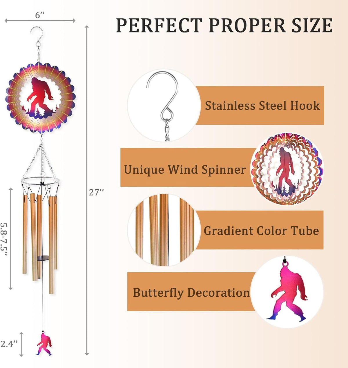 Wind Chimes for Outside with Bigfoot Wind Spinner, Unique Big Foot Wind Chime Gifts for Men Dad
