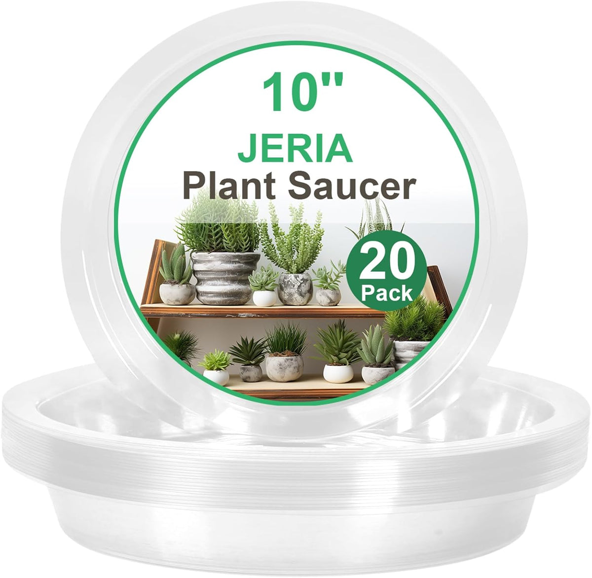 JERIA 10 Inch 20 Pack Clear Plant Saucers,Plastic Flower Pot Trays,Round Durable Plant Drip Trays