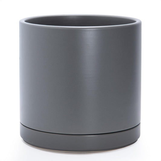 D'vine Dev 12 Inch Ceramic Planter Pot with Drainage Hole and Saucer, Indoor Cylinder Round Planter