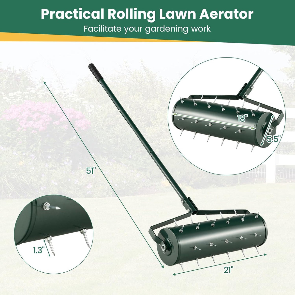 Goplus Rolling Lawn Aerator, 21-Inch Garden Yard Rotary Push Tine Filled Sand Stone, Heavy Duty