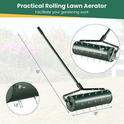 Goplus Rolling Lawn Aerator, 21-Inch Garden Yard Rotary Push Tine Filled Sand Stone, Heavy Duty