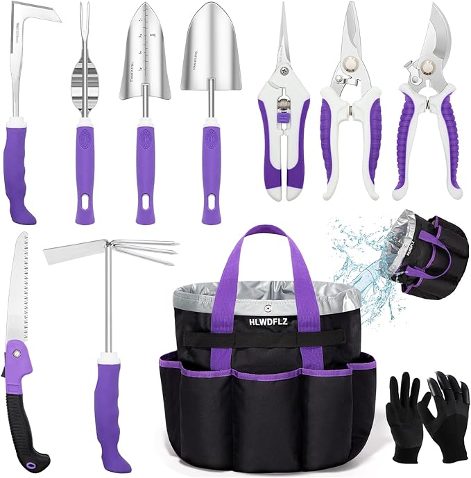 Purple Garden Tool Set Gardening Items for Women - 11PCS Heavy Duty Garden Tools with Detachable