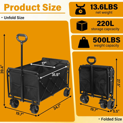 Wagons Carts Foldable,500 LBS Large Capacity Foldable Wagon Cart Collapsible Wagon with Wheels &
