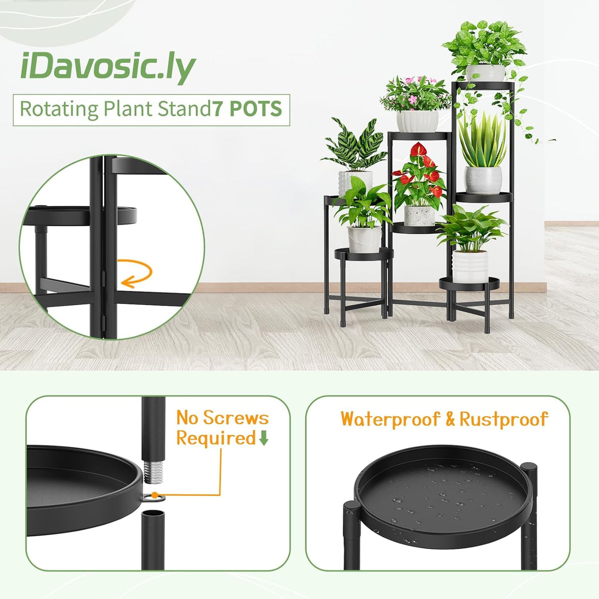 iDavosic.ly Plant Stand Indoor Outdoor, 7 Tier Corner Metal Flower Display Holder Shelf, Folding