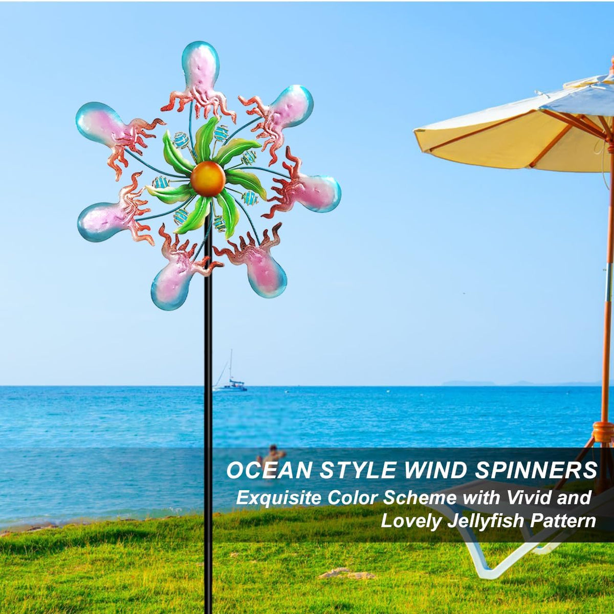 Jellyfish Wind Spinners - 39" Ocean-Themed Metal Wind Sculptures Garden Stake Art, 13.5” Windmill