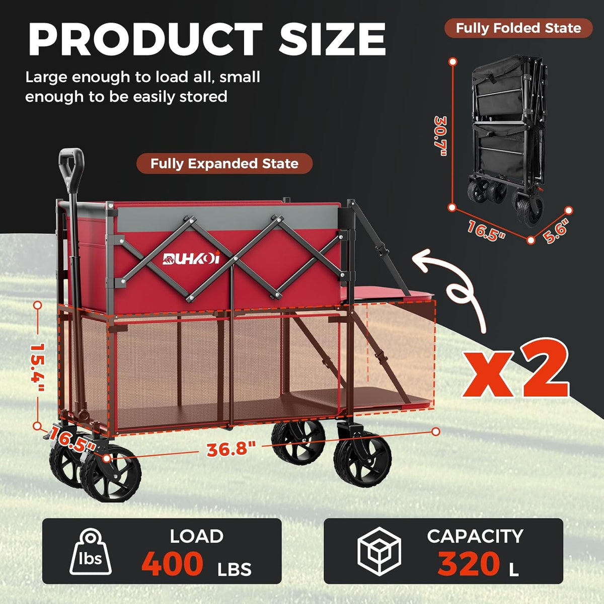 Double Decker Wagon 320L Large Capacity 400LBS Collapsible Sports Utility Cart with Big