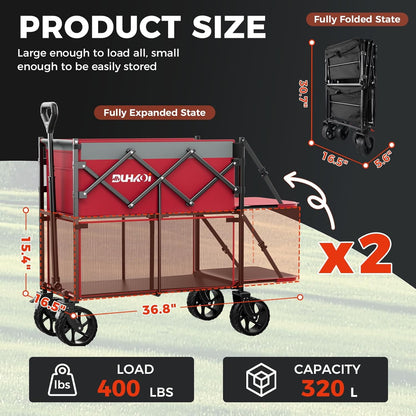 Double Decker Wagon 320L Large Capacity 400LBS Collapsible Sports Utility Cart with Big