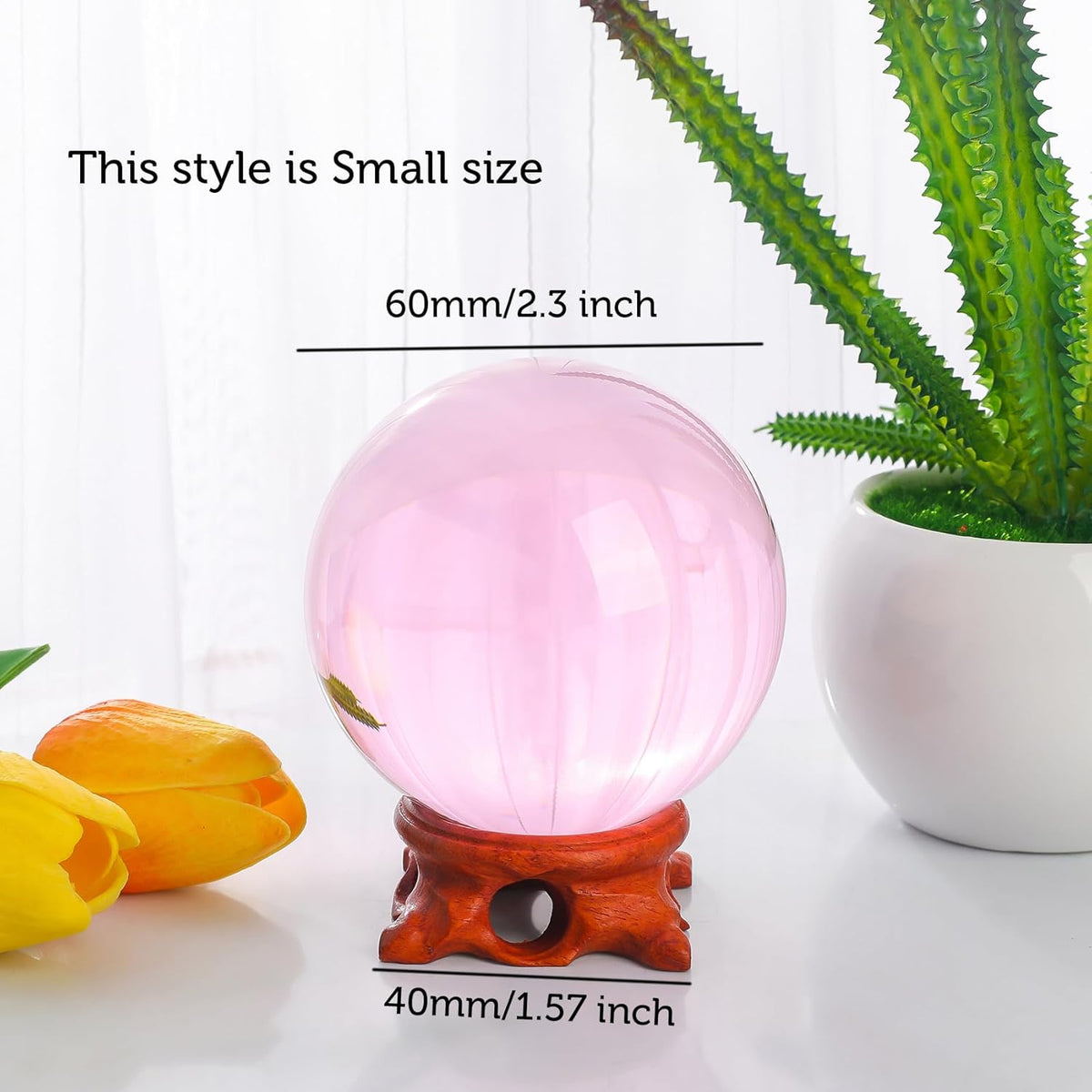 Pink Small Crystal Ball 60mm/2.3 inch with Rose Wooden Stand and Gift Box for lensball