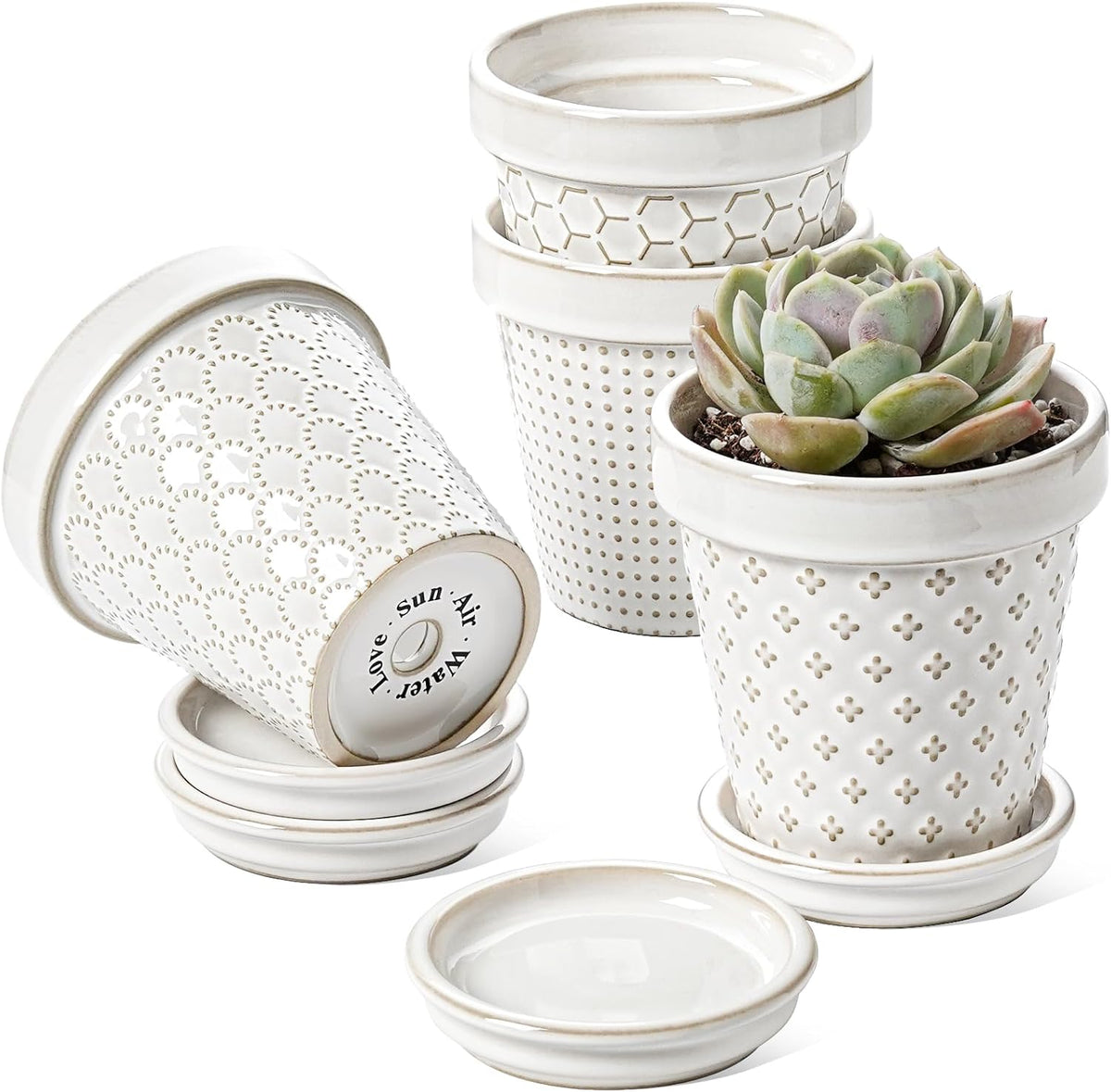 LE TAUCI Ceramic Succulent Pots, 4 Inch Small Plant Pot for Indoor Plant Cactus, Embossed Flower
