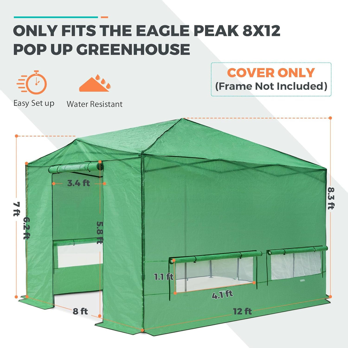 EAGLE PEAK Replacement Cover for 12x8 Portable Walk-in Pop up Greenhouse, Front and Rear Roll-Up