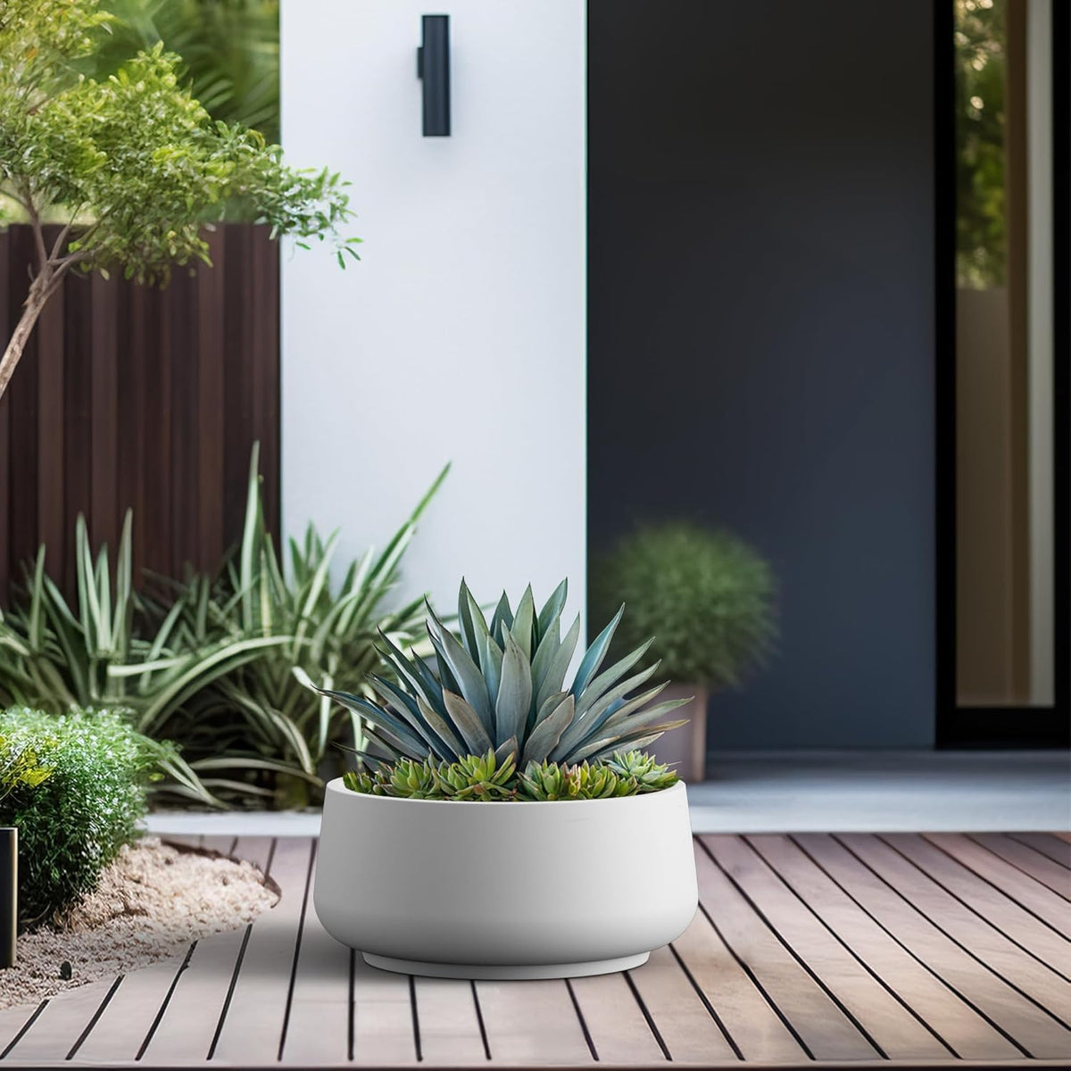 Kante 16.1" Dia Round Curvy Concrete Planter, Large Plant Pots with Drainage Hole and Rubber Plug