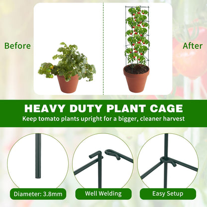 6 Packs Tomato Cages for Garden, 12"×12"×48" Plant Support Cage with Different Spacing, Green Metal