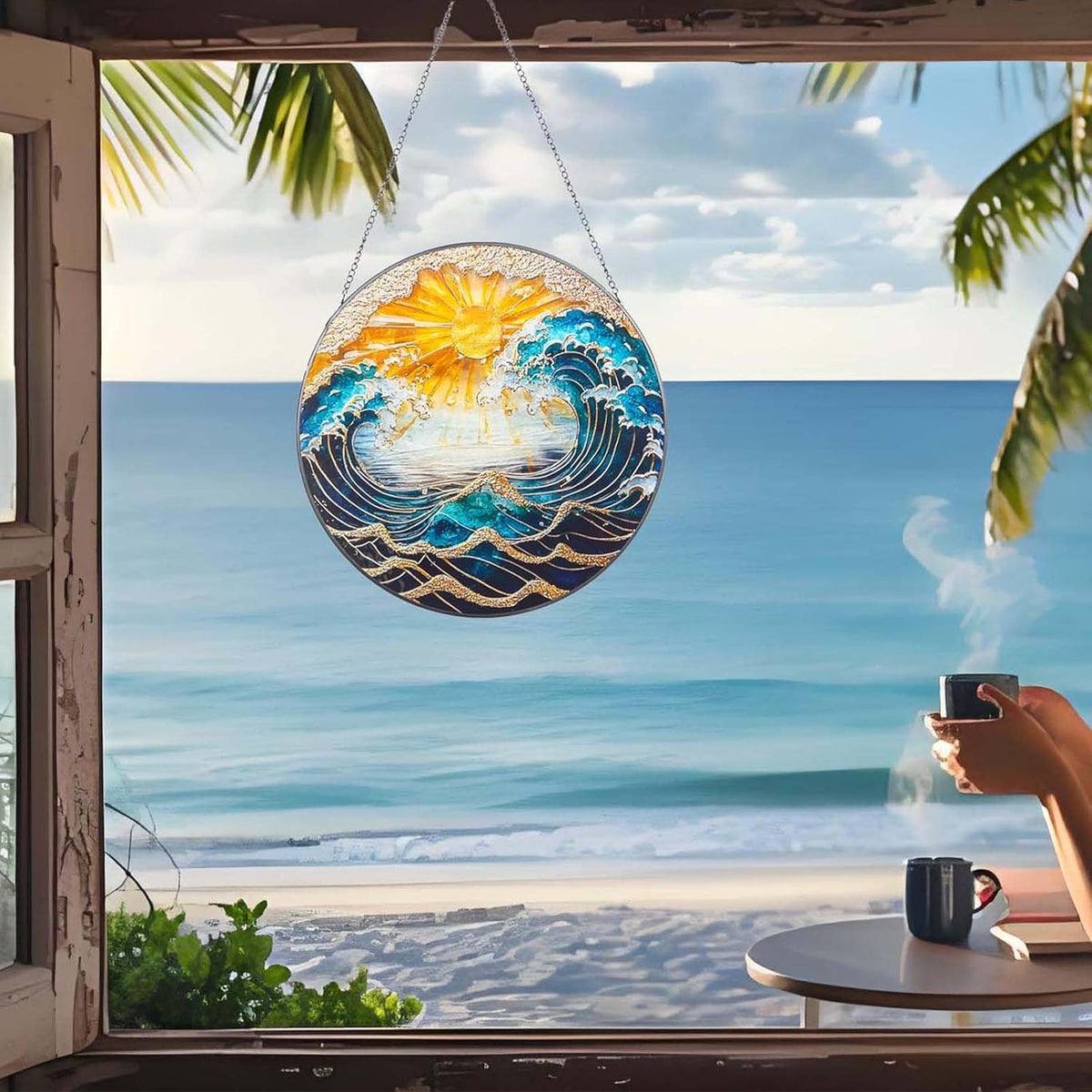 Ocean Wave Sunset Suncatcher Stained Glass Window Hanging - 10" Hand-Painted Sun Catcher Garden