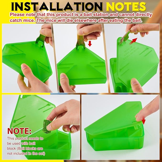 Qualirey 24 Pcs Mice Station with Key Triangle Bait Station Reusable Rodent Trap Bait Box, Keeps