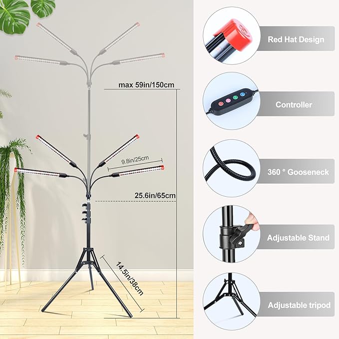 FECiDA Gamechanger! 36W 4Head Grow Light with Tripod Stand, 2025 Big Coverage LED Grow Lights for
