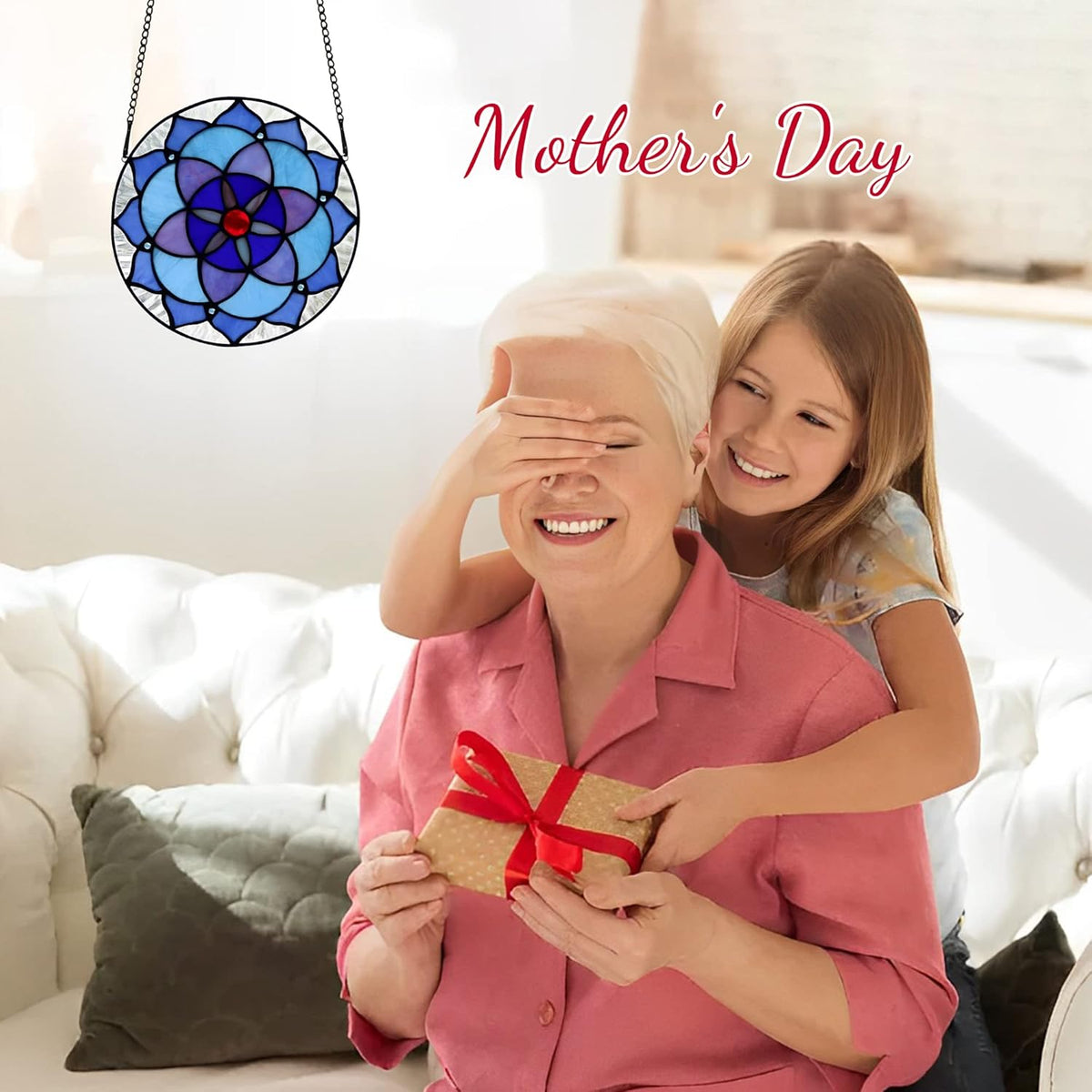 Flower of Life Decor Stained Glass Window Hanging,Sacred Geometry Spiritual Gift for Mom on