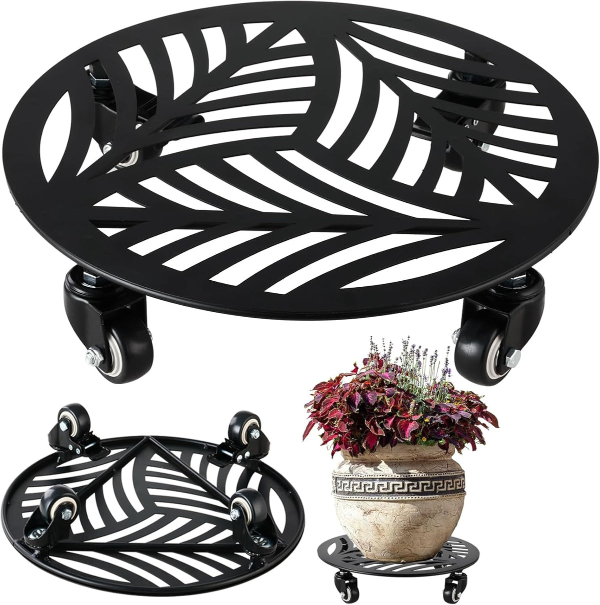 1 Pack Large Metal Plant Caddy with Wheels 13.5 Inches Heavy-duty Iron Rolling Plant Stand with