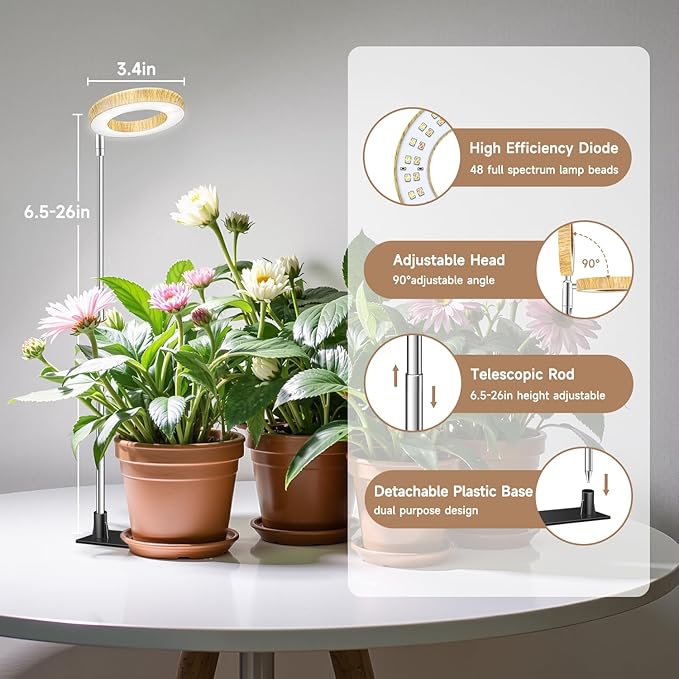 Kullinss Grow Light, 48 LEDs Full Spectrum Plant Lights for Indoor Growing, Wood Grain Small Grow