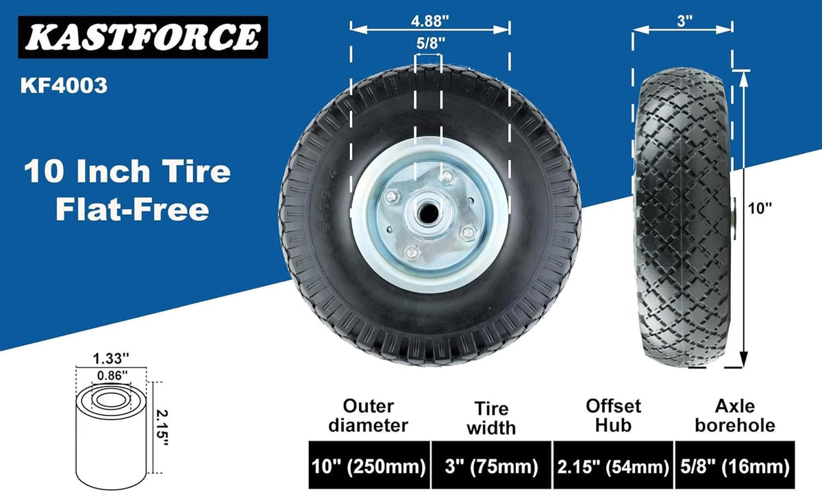 KF4003 Twin Pack 10-Inch Solid Rubber Tire Wheels Replacement 3.00-4 Tires Wheels Flat Free with