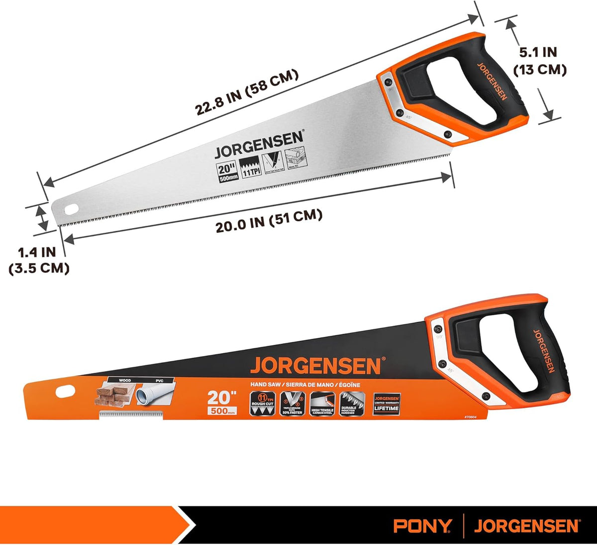 JORGENSEN 20 Inch Pro Hand Saw, 11 TPI Fine-Cut Ergonomic Non-Slip Aluminum Ultrasonic Welding