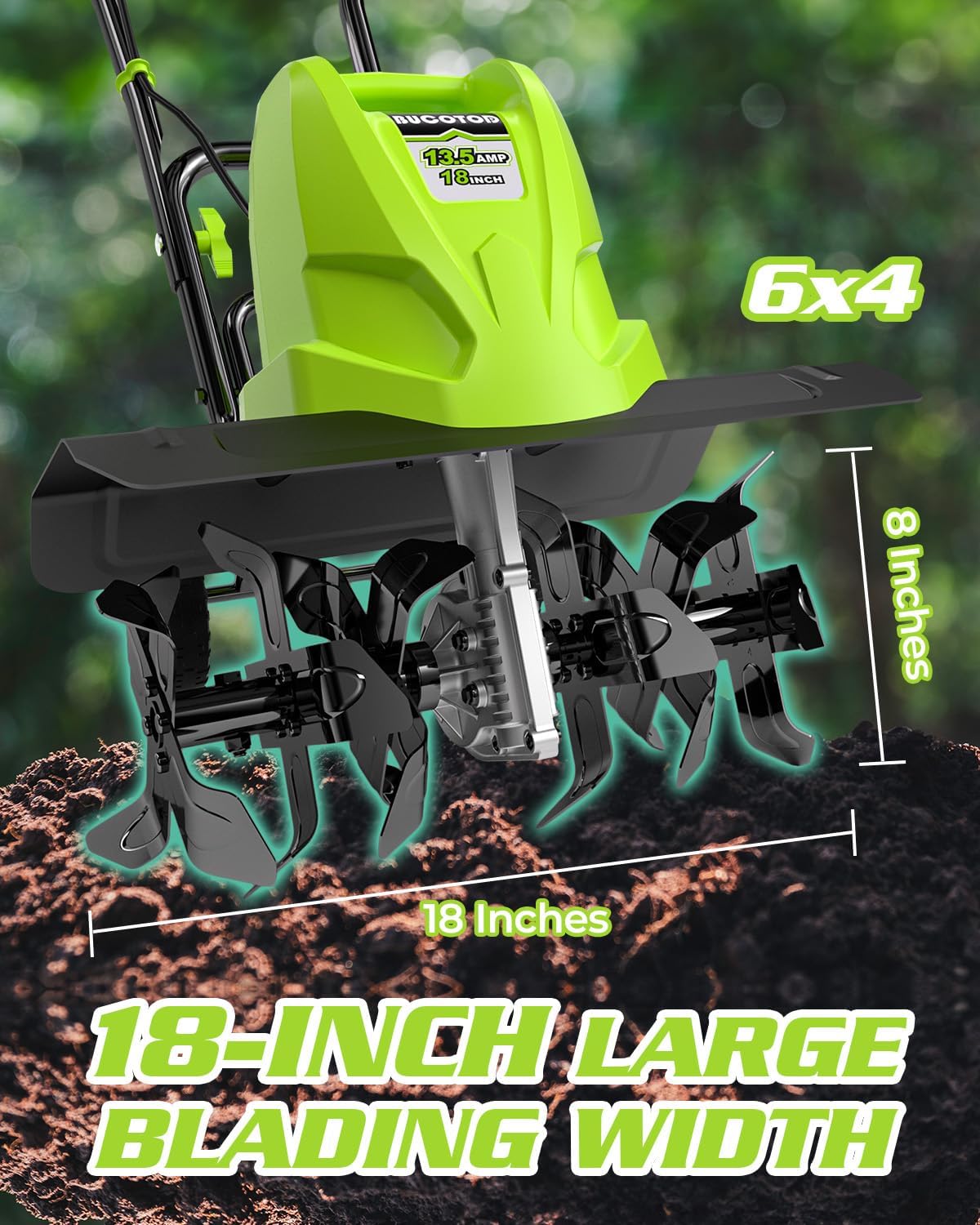 18-Inch 13.5 Amp Tiller/Cultivator with 6 Steel Tines, 3-Adjustable Wheels, Foldable Handle, 8''