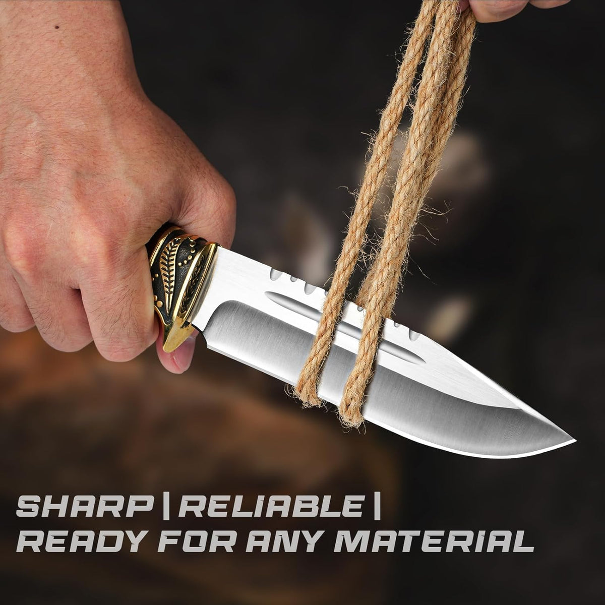 Fixed Blade Hunting Knife with Horizontal Leather Sheath YU-LN, 10.63" Bushcraft Knife for Men with
