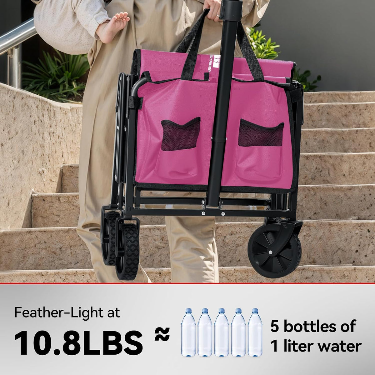 Collapsible Folding Wagon, Heavy Duty Pink Foldable Wagon Cart with Wheel, Lightweight Utility