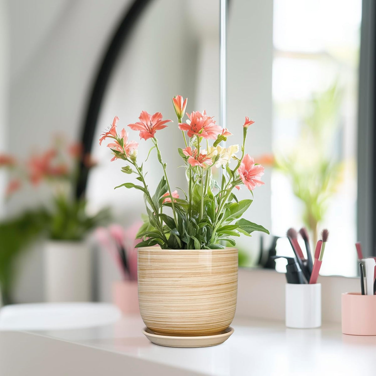 Ceramic Plant Pot 5 Inch - Modern Round Succulent Planter for Indoor Plants with Drainage Hole and