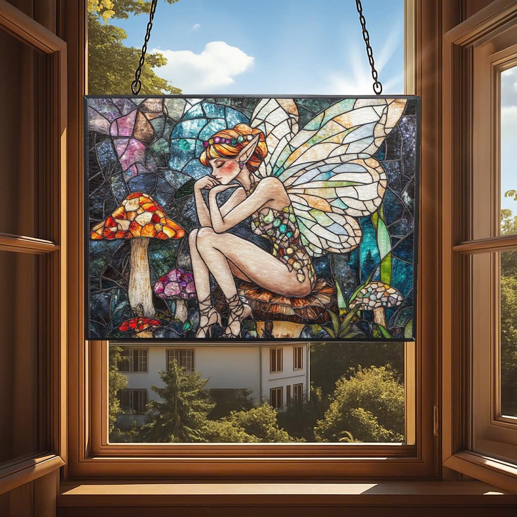 Customized Rectangle Boho Fairy On Mushroom Stained Glass Window Hanging, Stained Glass Suncatcher