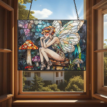 Customized Rectangle Boho Fairy On Mushroom Stained Glass Window Hanging, Stained Glass Suncatcher