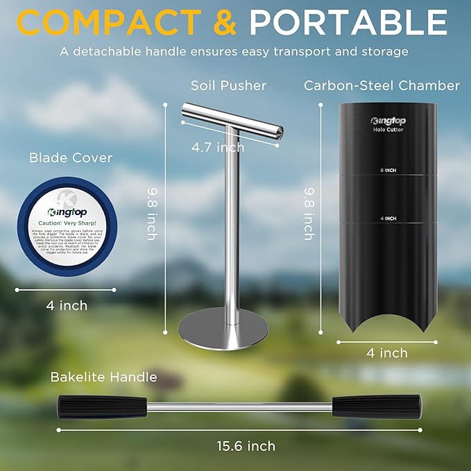 KINGTOP Portable Golf Hole Cutter – Detachable Handle, USGA Standard 4Inch & 6Inch Hole Digger