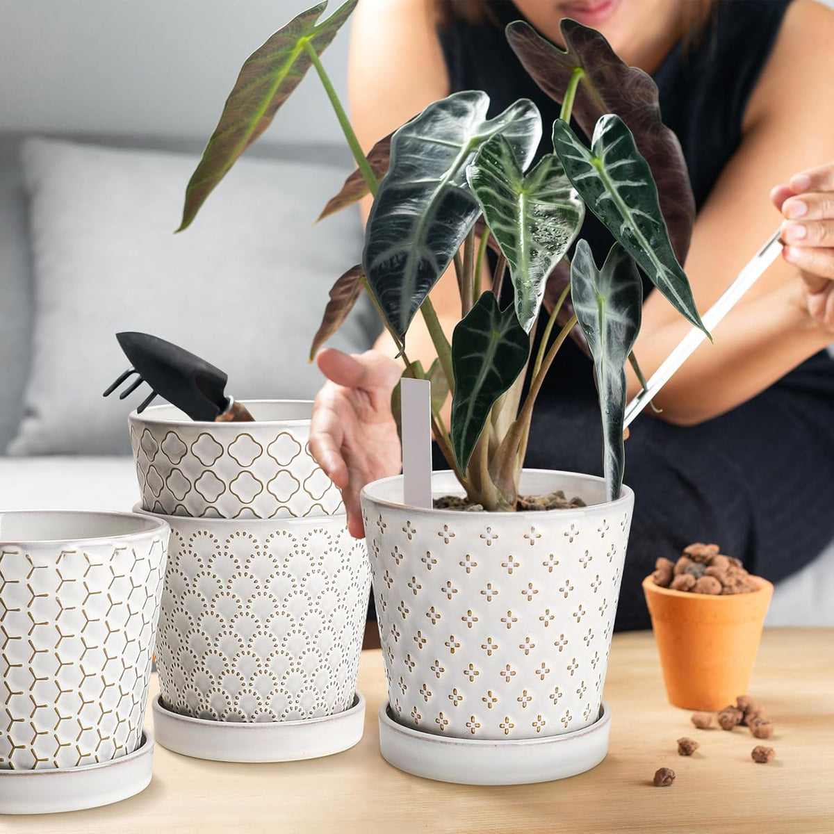 EFISPSS Ceramic Plant Pots Indoor, 5 Inch Planters with Drainage Holes and Ceramic Tray, Relief