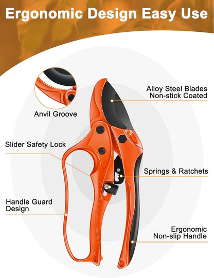Ratchet Anvil Pruning Shears for Gardening Heavy Duty, Labor-Saving Design Garden Clippers for